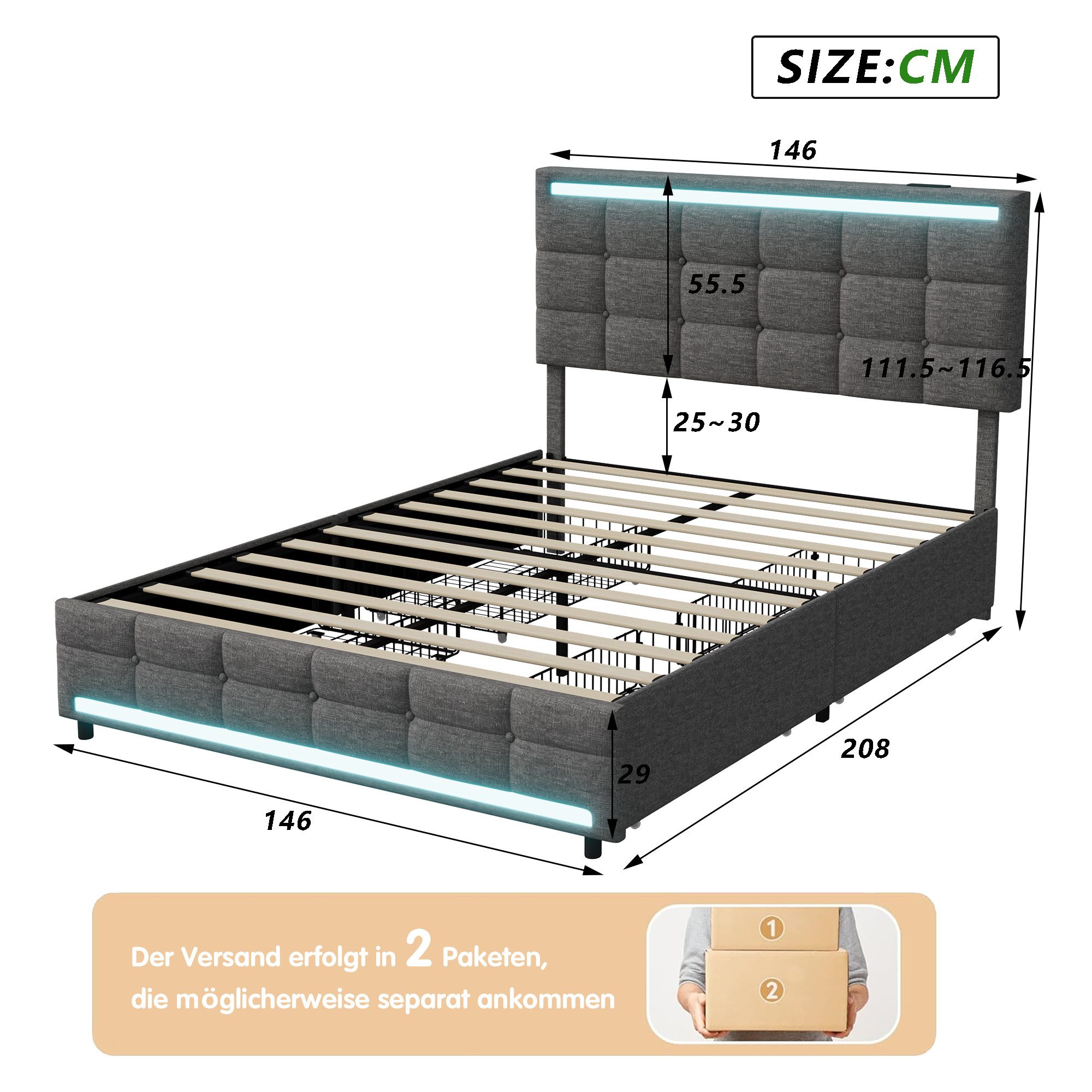 Polsterbett Doppelbett Stauraumbett Funktionbett- grau 2